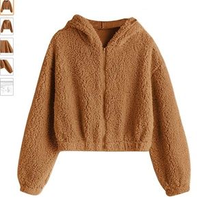 ZAFUL Women's Zip Up Faux Shearling Fluffy Hooded Cropped Teddy Jacket Coat
